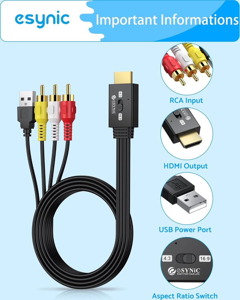 eSynic RCA to HDMI Cable Converter 3D 1080P@60Hz–1.5M/5FT Long AV Cable to HDMI Adapter-Plug & Play With 4:3/16:9 Aspect Ratio Switch Support NTSC/PAL for VCR/DVD/VHS to Modern TV [Not Bi-Directional] - Image 3
